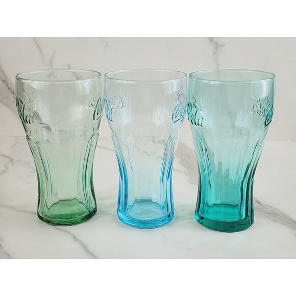 Coca Cola Drinking Glasses Embossed Logo 16oz Glass Tumblers Turquoise Green x3 - Picture 5 of 12